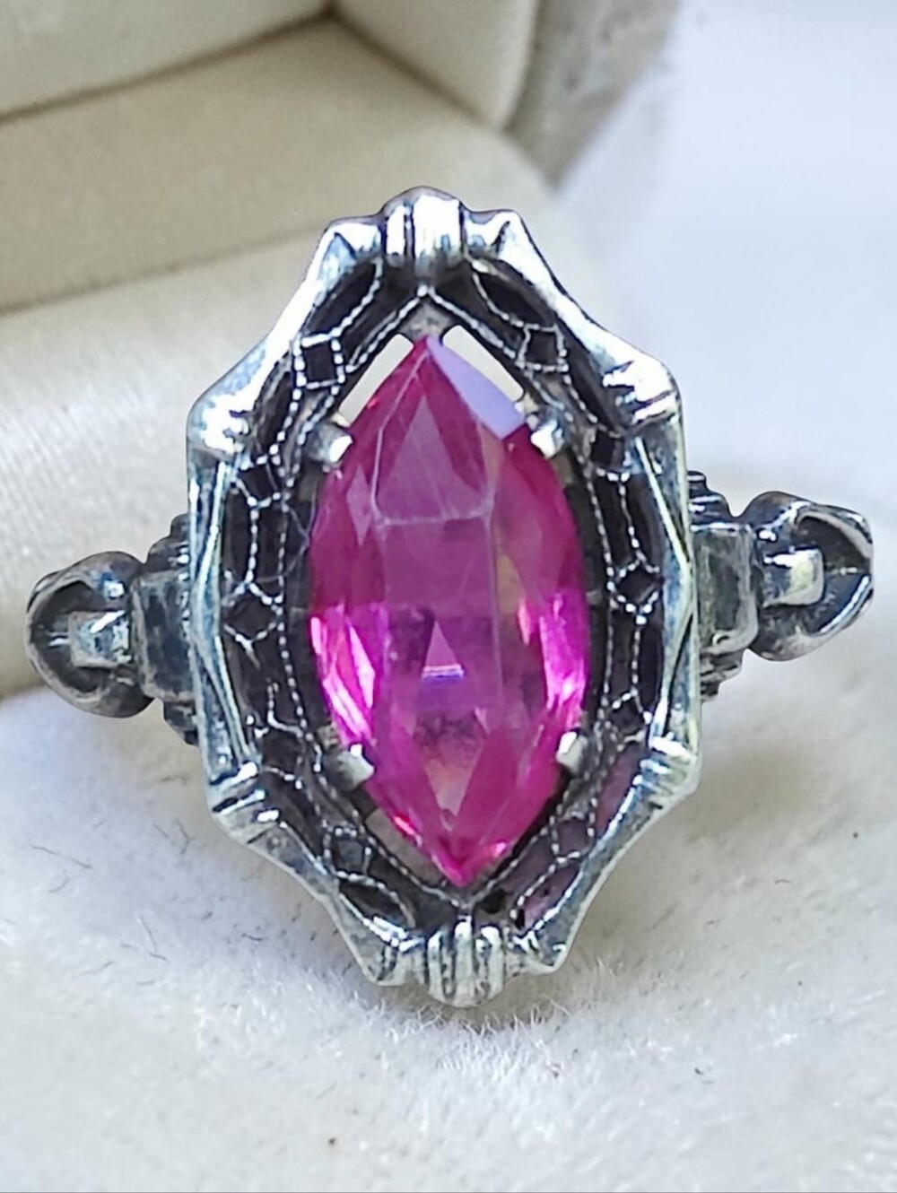 Antique 1920s Sterling Silver Pink Czech Glass Ring
